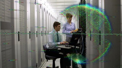 Poster - Animation of interference and globe over diverse business people in server room
