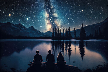 Canvas Print - People standing by the lake under a beautiful starry sky, AI generated