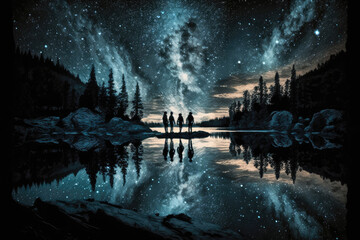 Canvas Print - People standing by the lake under a beautiful starry sky, AI generated