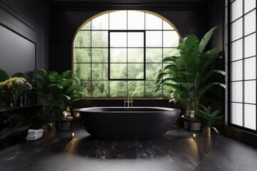 Canvas Print - Stylish, opulent black bathroom with bathtub, plant, black marble tile, and wide windows letting in natural light. Generative AI