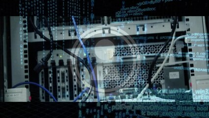 Poster - Animation of icons and data processing over caucasian businessman in server room