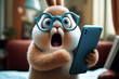 Shocked easter bunny looking at smartphone with open mouth and surprise expression. Generative AI.
