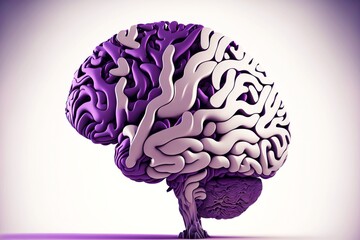 Poster - Bright purple human brain with convolutions isolated on white background, created with generative ai