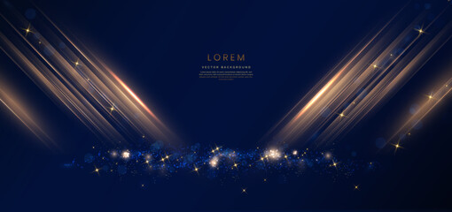 Wall Mural - Elegant golden stage diagonal glowing with lighting effect sparkle on dark blue background. Template premium award design.