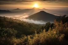 Phu Thok Mountain In Chiang Khan, Loei Province, Thailand, Is Shrouded In Fog. Generative AI