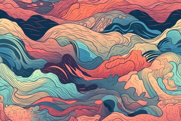 Sticker - Illustration of a stylised, wavy background with wet, greasy color. abstract hills, lines, and waves. artistic background texture Ice cream texture with color. Generative AI