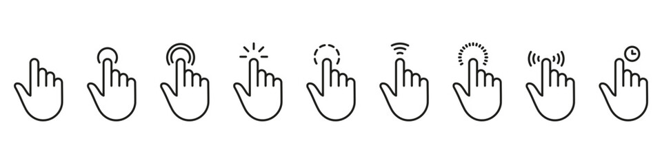 Poster - Hand Finger Touch, Swipe, Click, Press and Tap Line Icon Set. Double Click and Tap Sign. Gesture Slide Left and Right Outline Icon Collection. Editable Stroke. Isolated Vector Illustration