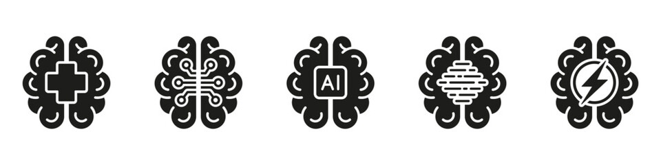 Poster - Human Brain Black Solid Icons. AI Concept. Neurology Science, Digital Technology Silhouette Pictogram Set. Artificial Intelligence Glyph Symbol on White Background. Isolated Vector Illustration