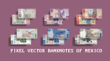 Vector Set Of Pixelated Mosaic Banknotes Of Mexico. Notes In Denominations Of 20, 50, 100, 200, 500 And 1000 Mexican Pesos.