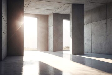 Canvas Print - empty concrete open space interior with sunlight, created with generative ai