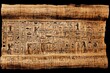 Ancient Egyptian hieroglyphics on a broad, textured papyrus scroll, isolated on white. Generative AI
