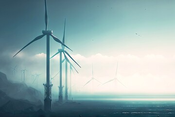 Wall Mural - Development of eco-technologies wind energy to generate electricity against background of fog, created with generative ai