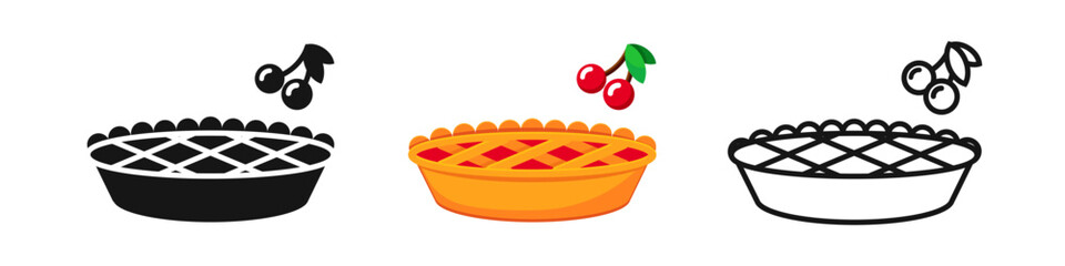 Baked cherry pie vector set. Pie with cherry filling, berry pie logo