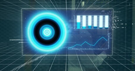 Poster - Animation of scope scanning and data processing over caucasian male it technician by computer server
