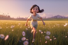 Cute Cartoon Girl Running In A Meadow (Generative AI)
