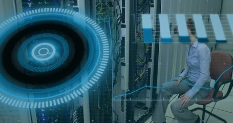 Poster - Animation of scope scanning and data processing over caucasian it woman computer server