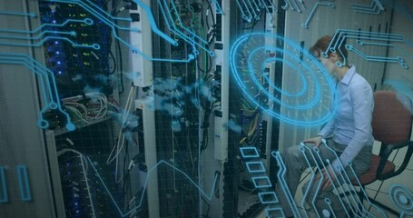 Poster - Animation of scope scanning and data processing over caucasian it woman computer server