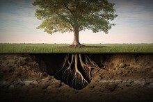 Nurturing Nature: A Cross-Section Of A Tree Growing In A Field, Half Face And Layer Of Earth Exposed. Generative AI