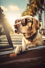 cool Labrador with sunglasses  on holiday in florida in vintage, retro car  , ai generative