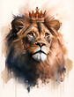 portrait of a lion in a crown in a watercolor painting style, generative ai