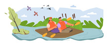 Traveling On The River In A Kayak Or Canoe, Flat Cartoon Vector Illustration Isolated On White Background. People In Kayak Boat On River Or Lake. Water Activities And Sports, Tourism And Adventure.