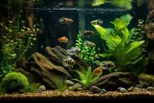 Freshwater Aquarium With Snags, Green Stones, Tropical Fish And Water Plants. Generative AI