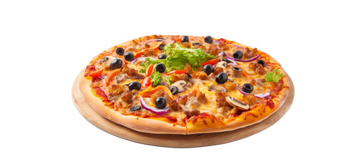 Delicious pizza served on wooden plate isolated of transparent background. PNG.