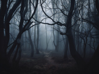 mysterious dark forest, foggy atmosphere, haunted woodland, generative AI