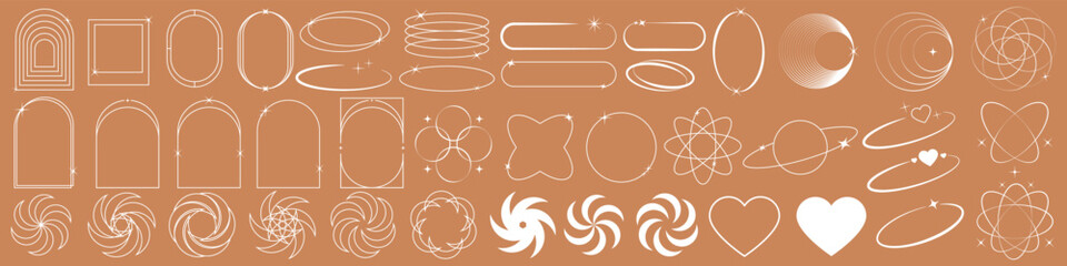 Poster - Modern minimalist aesthetic linear frames. Retro stars, starburst icons and minimalist frames and borders with twinkle star. Oval frame figures with sparkles. Vector illustration EPS 10