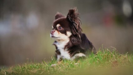 Sticker - brown chihuahua dog lying down on grass in the park