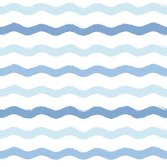 Wall Mural - Seamless Wave Pattern, Hand drawn water sea vector background. Wavy beach print, curly grunge paint lines, watercolor stripes