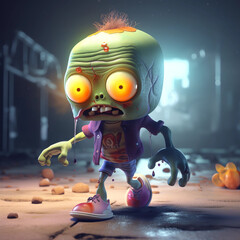 Cute green zombie with big yellow eyes. 3D look zombie. Cool 3D walking dead zombie. Toy zombie.