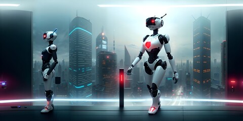 Photo of two futuristic robots standing in a bustling cityscape