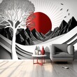 modern art mural wallpaper with Drawing modern Landscape art. leaves tree, white gray lines, deep red sun and mountain tree furniture couch ornate pattern nature Generative AI