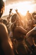 Hippie summer festival at sunset. People dancing and having fun. Generative AI vertical shot