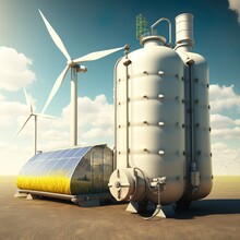 Hydrogen Tank, Solar Panels And Wind Power Turbines High-tech Technology Sunny Weather White 
Cylindrical Container Cells In Nature  Industrial Park  Laid Claimed Generative AI
