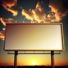 Marketing Billboard Blank Exterior Sign against a Sunset Sky Design Templat golden white giant poster notice board with cloudy business catch with iron brackets stick to it advertisement Generative AI