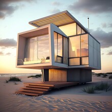 Small Luxury Modern Beach House Architecture Storey With Huge Glass Windows Next To The Beach Can Be Seen Sims Stairs Ultra Special Exterior Architechture Technology Home Generative AI 