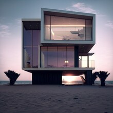Small Luxury Modern Beach House Architecture 
Storey With Huge Glass Windows Next To The Beach 
Can Be Seen Sims Stairs Ultra Special Exterior Architechture Technology Generative AI 