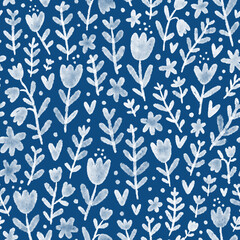 Wall Mural - White watercolor flowers pattern on blue