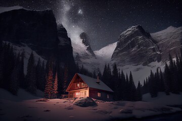 Canvas Print - dark chalet on mountains against sky with stars exterior of the winter chalet, created with generative ai