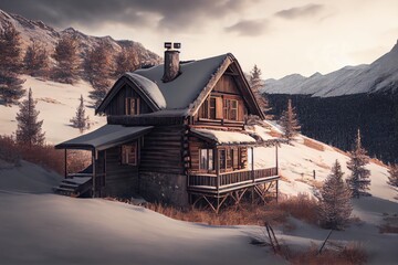 Canvas Print - rustic wooden house on hillside exterior of the winter chalet, created with generative ai