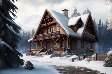 Canvas Print - beautiful wooden chalet on mountains of russia with snow-covered garden highlands exterior of the winter chalet, created with generative ai