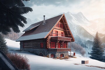 Canvas Print - wooden house with red roof in mountains exterior of the winter chalet, created with generative ai