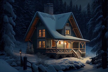 Canvas Print - snow-covered winter evening forest chalet exterior of the winter chalet, created with generative ai