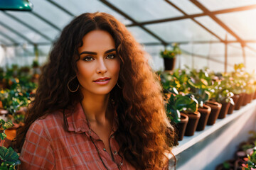 Beautiful Wavy Hair Woman In Plaid Shirt  is Standing in a Greenhouse Natural Light Generative AI illustration