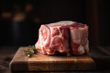 Fototapeta  - Pedaço de carne de porco em cima de uma tábua de madeira com um alecrim ao lado