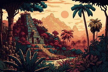 Poster - The Colors of the Mesoamerican Jungle: An Illustration of the Aztec Landscape Generative AI