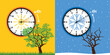 summer time and winter time concept with clock and tree