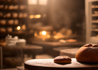 Two loaves of bread, placed on an old, wooden board. They are all freshly baked and have beautiful, golden skin colors. Generative AI